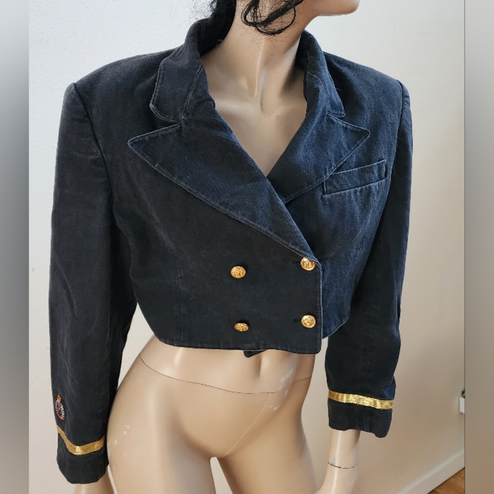 Vintage Forenza 80’s Black 100% cotton Crop Military Blazer Jacket Size small